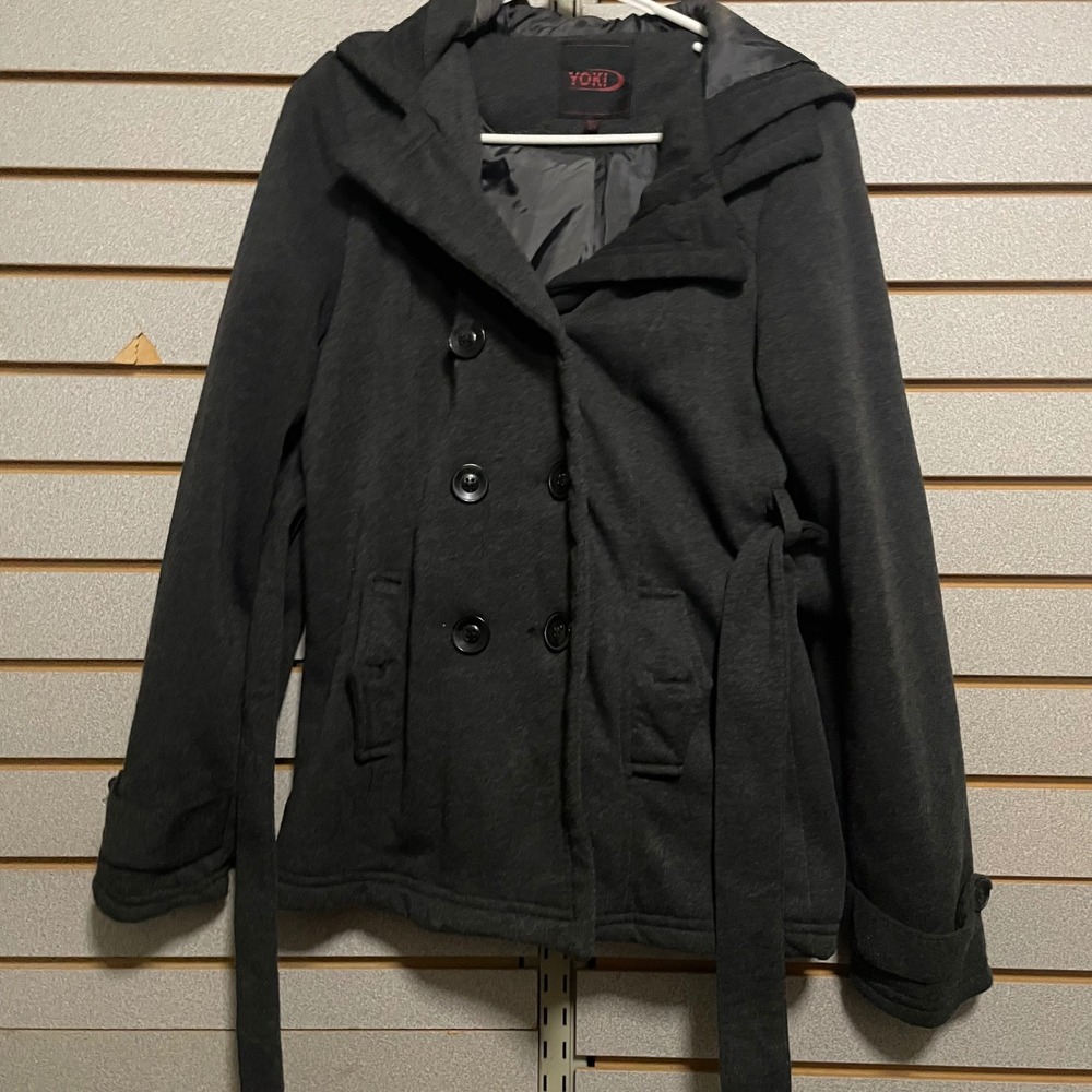 Yoki Womens‎ Charcoal Grey Double Breasted Hooded Pea Coat Jacket Size M